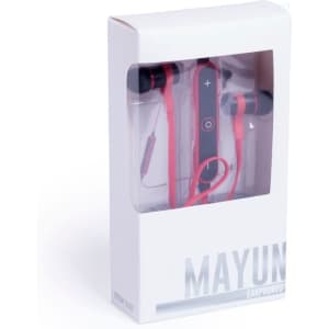 A package of Mayun earphones in red with a black control unit, displayed in a clear box.