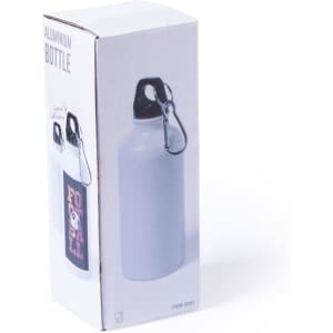 A drink bottle in a white aluminium finish, presented in a box with a black lid and a clasp.