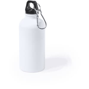 A drink bottle in white with a black lid and a carabiner attached. Features a branding logo.
