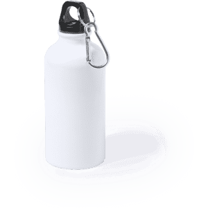 A drink bottle in white with a black lid and a metal carabiner. It has a smooth, sleek design.