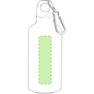 A drink bottle in a silver finish with a green area for customisation, featuring a carabiner clip.