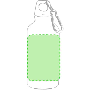 A drink bottle with a green blank area for customisation and a metal hook for attachment.