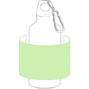 A drink bottle with a light green sleeve and a carabiner for easy attachment. It features a simple design.