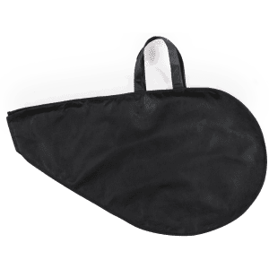 A black cover with handles, designed for protecting items, featuring a smooth surface and an oval shape.