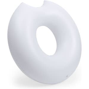 A white inflatable donut-shaped air mattress with a central hole and a smooth surface. It features a logo.