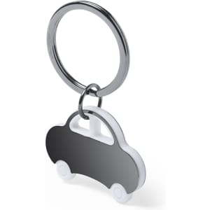 A keyring shaped like a car, featuring a silver metal ring and a black and white car design.