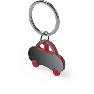 A red and silver keyring in the shape of a car, featuring a circular metal ring and a smooth surface.