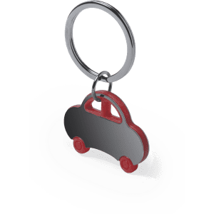 A red and silver car-shaped keyring with a shiny metal finish and a circular keychain attachment.