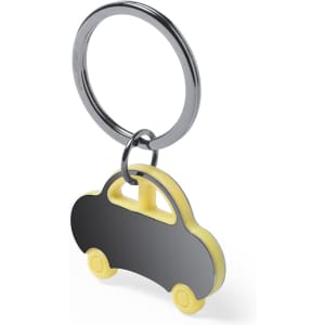 A keyring shaped like a car, featuring a black metallic body and yellow wheels, attached to a silver keyring.