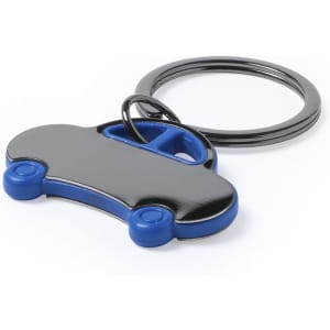 A car-shaped keyring featuring black and blue colours, with a metal ring attachment and a logo.