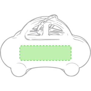 A green keyring shaped like a car, featuring a blank area for customisation. It has a logo on one side.