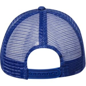 A blue cap featuring a mesh back and an adjustable strap, with a logo present on the design.