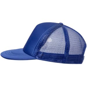 A blue cap with a mesh back and a stiff front panel, featuring a logo.