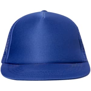 A blue cap with a solid front and mesh sides. It features a curved brim and has a logo.