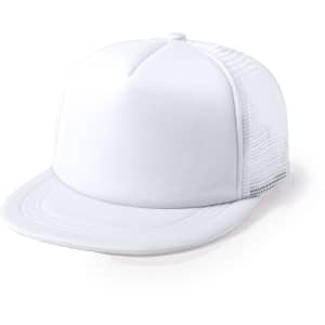 A white cap with a flat brim and mesh sides, featuring a logo on the front.