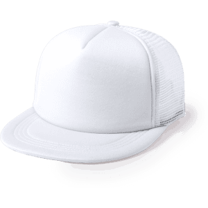 A white cap with a flat peak and mesh sides, featuring a logo on the front.