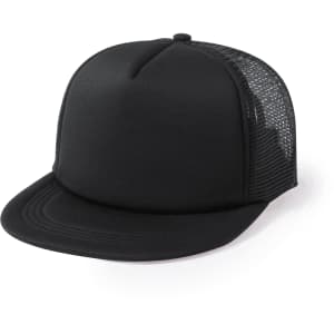 A black cap with a solid front and mesh panel at the back, featuring a logo.