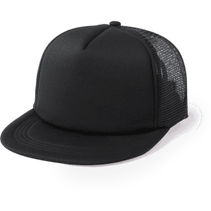 A black cap with a mesh back and a logo on the side. The front panel is solid with a flat brim.