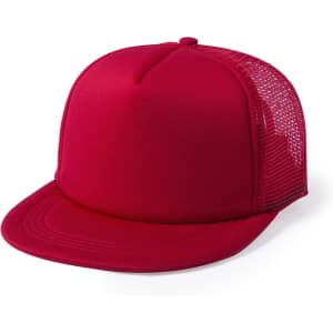 A bright red cap with a solid front and mesh back, featuring a logo.