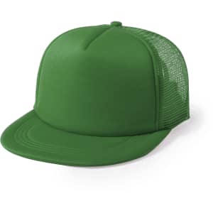 A green cap with a solid front and a mesh back, featuring a logo on the side.