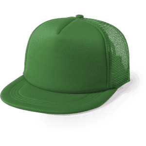 A green cap with a solid front and mesh back, featuring a logo on the front.