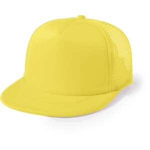 A yellow cap with a solid front and mesh back, featuring a logo.