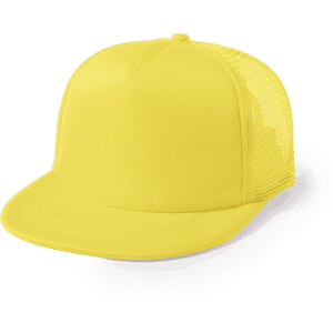A bright yellow cap with a mesh back and a flat brim, featuring a logo on the front.