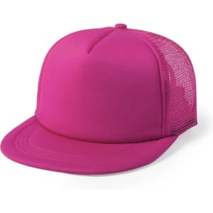 A pink cap with a solid front and mesh back, featuring a structured design. It has a button on top.