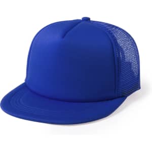 A blue cap with a solid front panel and mesh sides, featuring a curved brim and a logo.