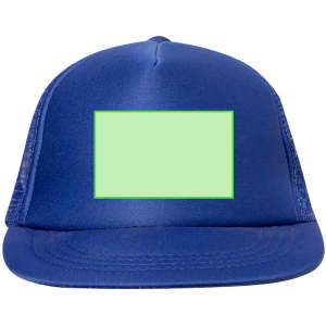 A blue cap with a mesh back and a blank rectangular area on the front for customisation.