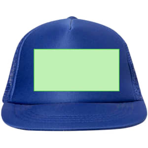 A blue cap with a mesh back and a rectangular area for custom branding.