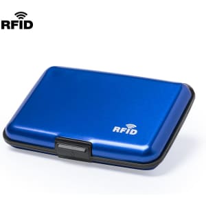A blue RFID card holder with a sleek design and a secure clasp, featuring a logo on the front.