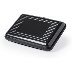 A sleek, black card holder with a glossy finish and textured detailing, featuring a logo on the surface.