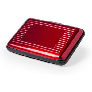 A red, shiny card holder with a sleek design, featuring a textured surface and a black accent.