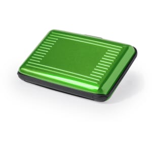 A green card holder with a shiny finish and a black base, featuring a striped design and a logo.
