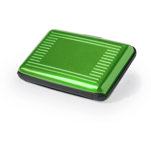 A green card holder with a glossy finish and textured lines, featuring a black base.
