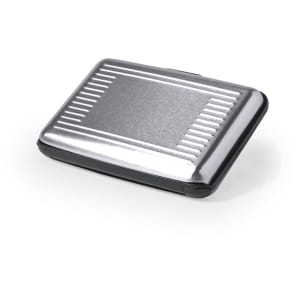A silver card holder with a sleek design and a textured surface. It features a black base and has a logo.
