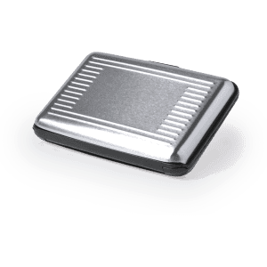 A silver card holder with a sleek design and a textured surface, featuring a branding logo.