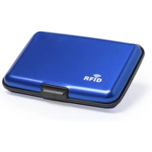 A blue RFID card holder with a sleek design and a secure clasp. Features a logo on the front.