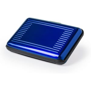 A blue, glossy card holder with a sleek design and a black border, featuring subtle lines on the surface.