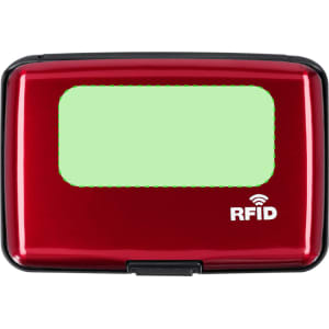 A red RFID card holder featuring a transparent slot and a logo, designed for secure card storage.