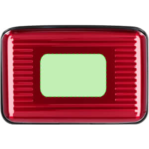 A red card holder with a ribbed texture and a rectangular cutout, featuring a black border.