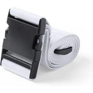 A grey luggage strap with a black buckle, rolled neatly for storage. It features a sturdy design with a logo.