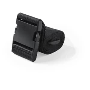 A black luggage strap with a plastic buckle, designed for securing bags. The strap is rolled up neatly.