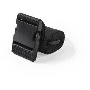 A black luggage strap featuring a plastic buckle and a rolled strap, designed for securing bags.