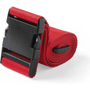 A red luggage strap with a black buckle, featuring a sturdy woven design for securing bags.