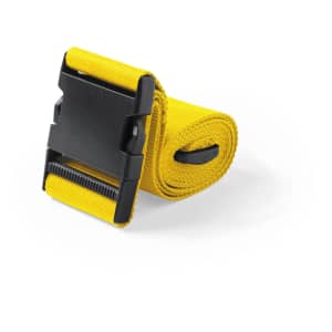 A yellow luggage strap featuring a black buckle, rolled neatly and ready for use. It has a logo on the buckle.
