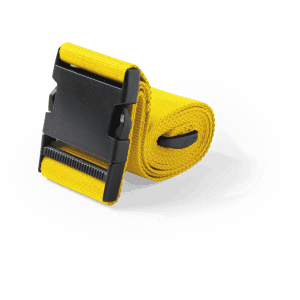 A yellow luggage strap with a black buckle, designed for securing bags. The strap is coiled neatly in the image.