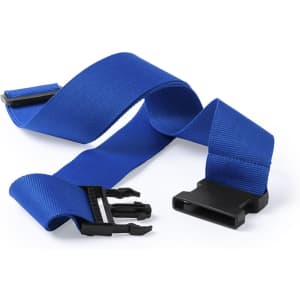 A blue luggage strap featuring a black buckle and clip. The strap is adjustable and made of durable fabric.