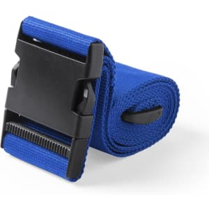 A blue luggage strap with a black buckle, coiled and ready for use. The product features a logo on the buckle.